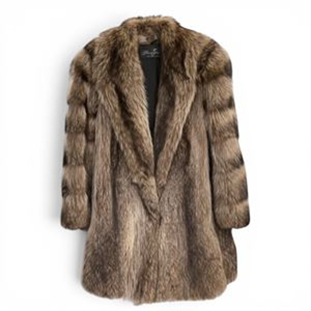 Flemington Furs Brown Long Hair Real Fur Coat Chevron Back Monogram Vintage 8